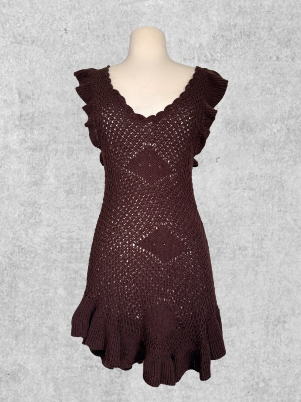 Free People Crochet Knit Dress | Brown Boho Ruffle Mini | Size XS/S
